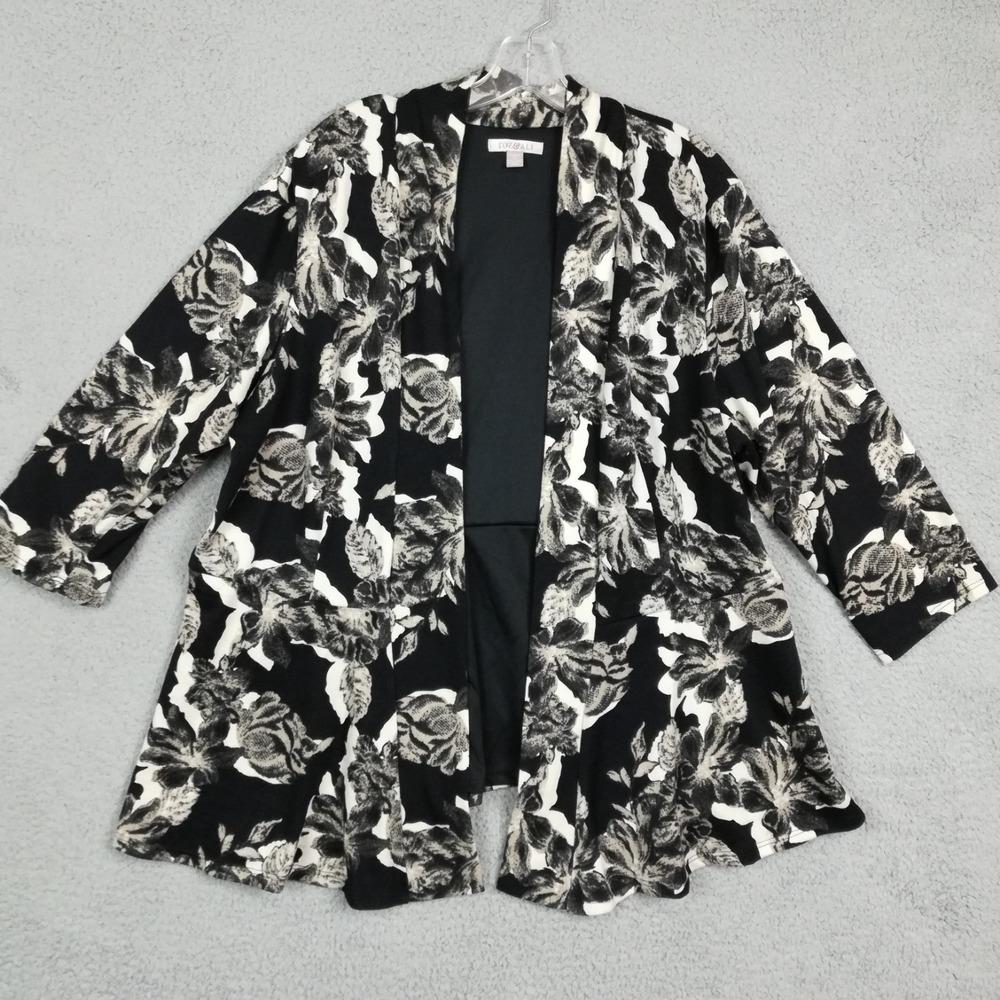 Roz & Ali Womens Blazer Open Front Black Cream Floral Knit 3/4 Sleeve Plus 3X